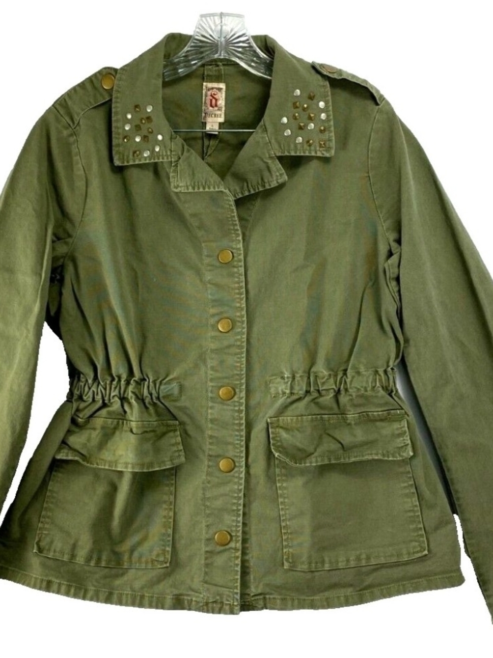 Decreee Olive Green Utility Jacket with Studded Collar Size XL